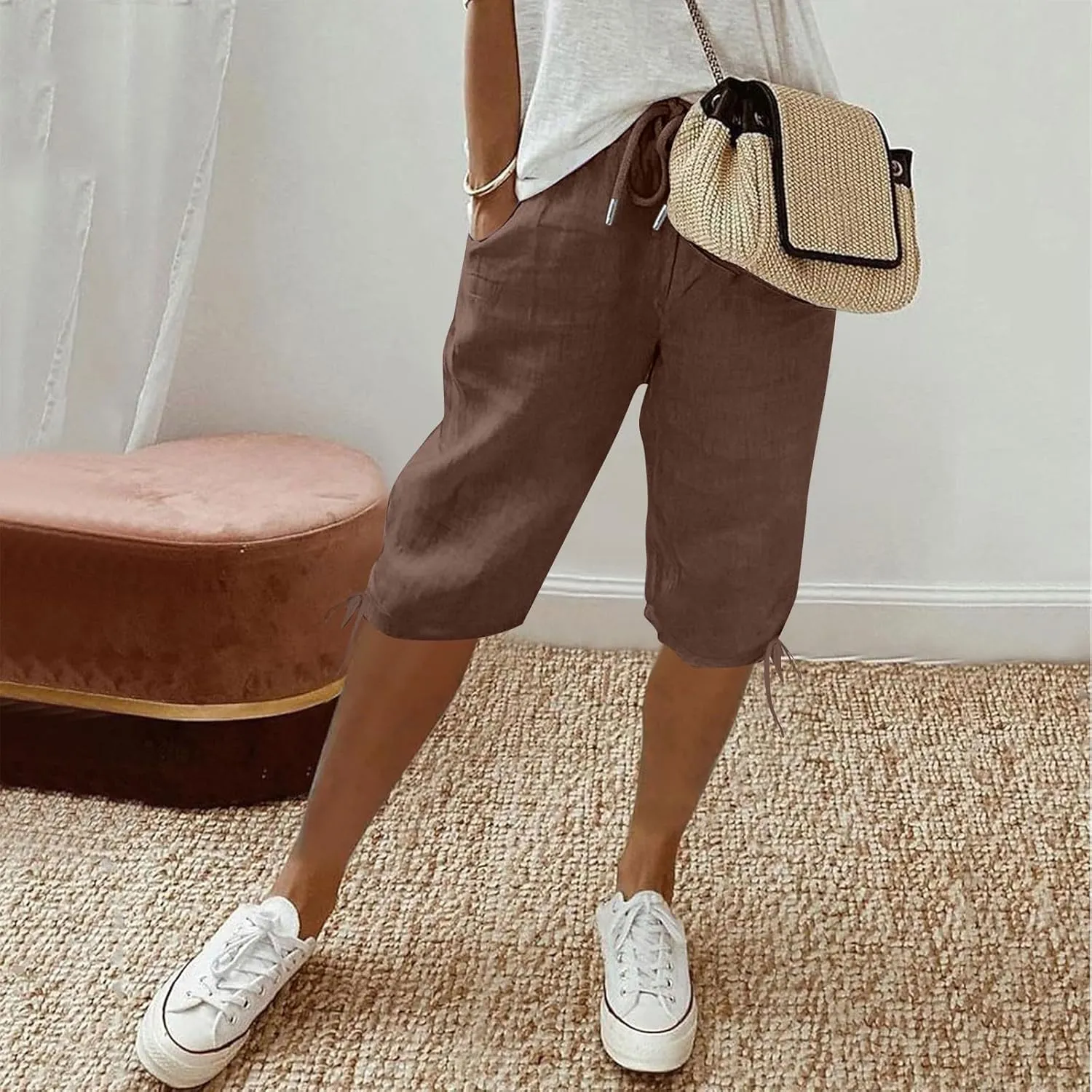 Linen Shorts for Women Elastic Waist Shorts Women Drawstring Casual Summer Knee Length Pants with Pockets