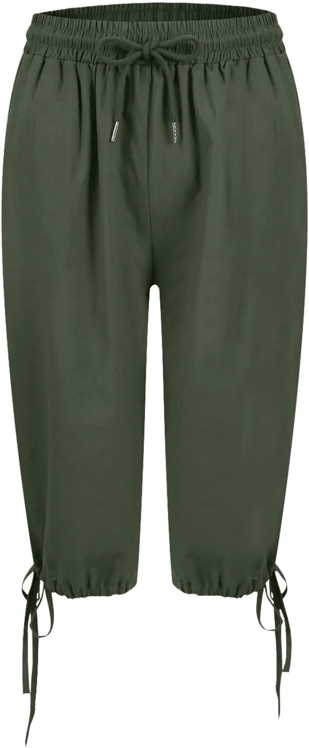 Linen Shorts for Women Elastic Waist Shorts Women Drawstring Casual Summer Knee Length Pants with Pockets