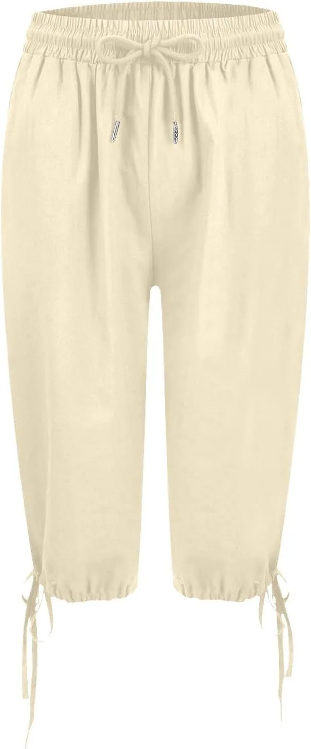 Linen Shorts for Women Elastic Waist Shorts Women Drawstring Casual Summer Knee Length Pants with Pockets