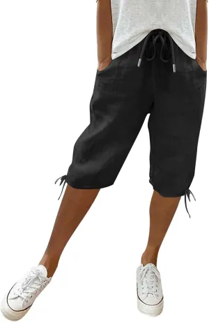 Linen Shorts for Women Elastic Waist Shorts Women Drawstring Casual Summer Knee Length Pants with Pockets