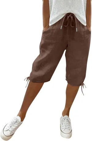 Linen Shorts for Women Elastic Waist Shorts Women Drawstring Casual Summer Knee Length Pants with Pockets