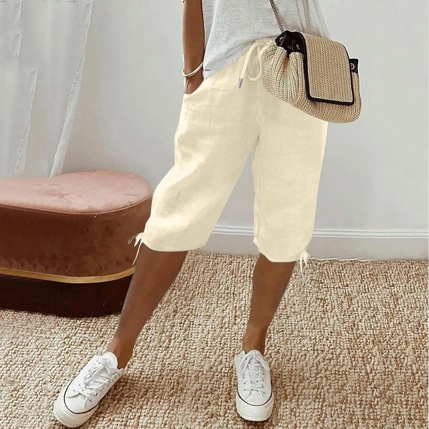 Linen Shorts for Women Elastic Waist Shorts Women Drawstring Casual Summer Knee Length Pants with Pockets