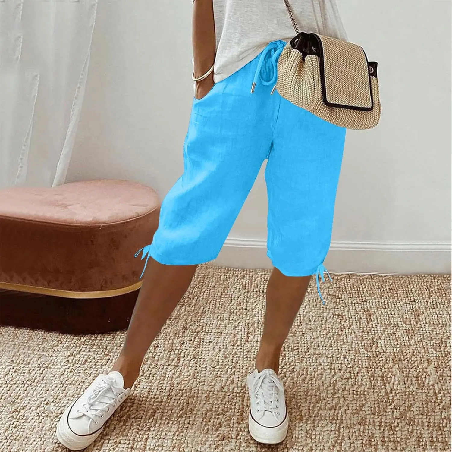 Linen Shorts for Women Elastic Waist Shorts Women Drawstring Casual Summer Knee Length Pants with Pockets
