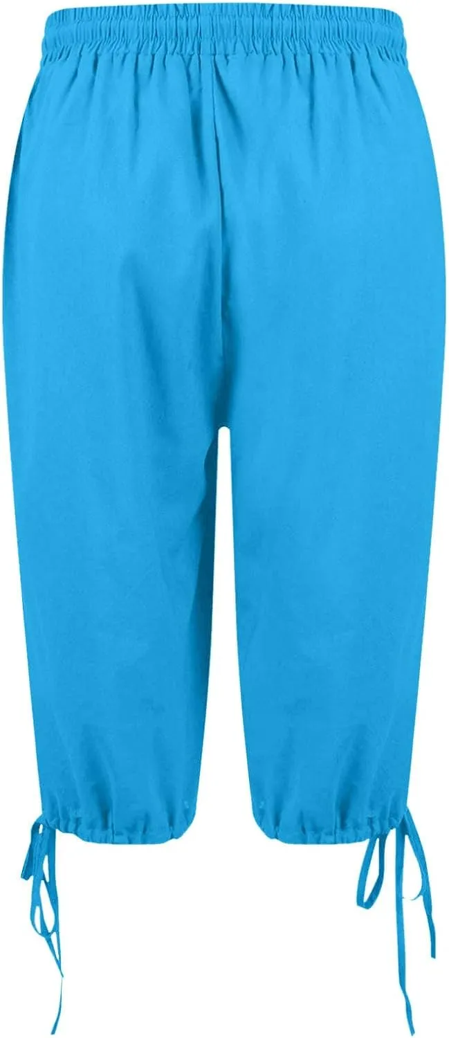 Linen Shorts for Women Elastic Waist Shorts Women Drawstring Casual Summer Knee Length Pants with Pockets