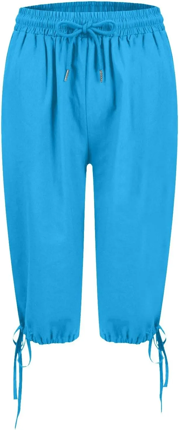 Linen Shorts for Women Elastic Waist Shorts Women Drawstring Casual Summer Knee Length Pants with Pockets