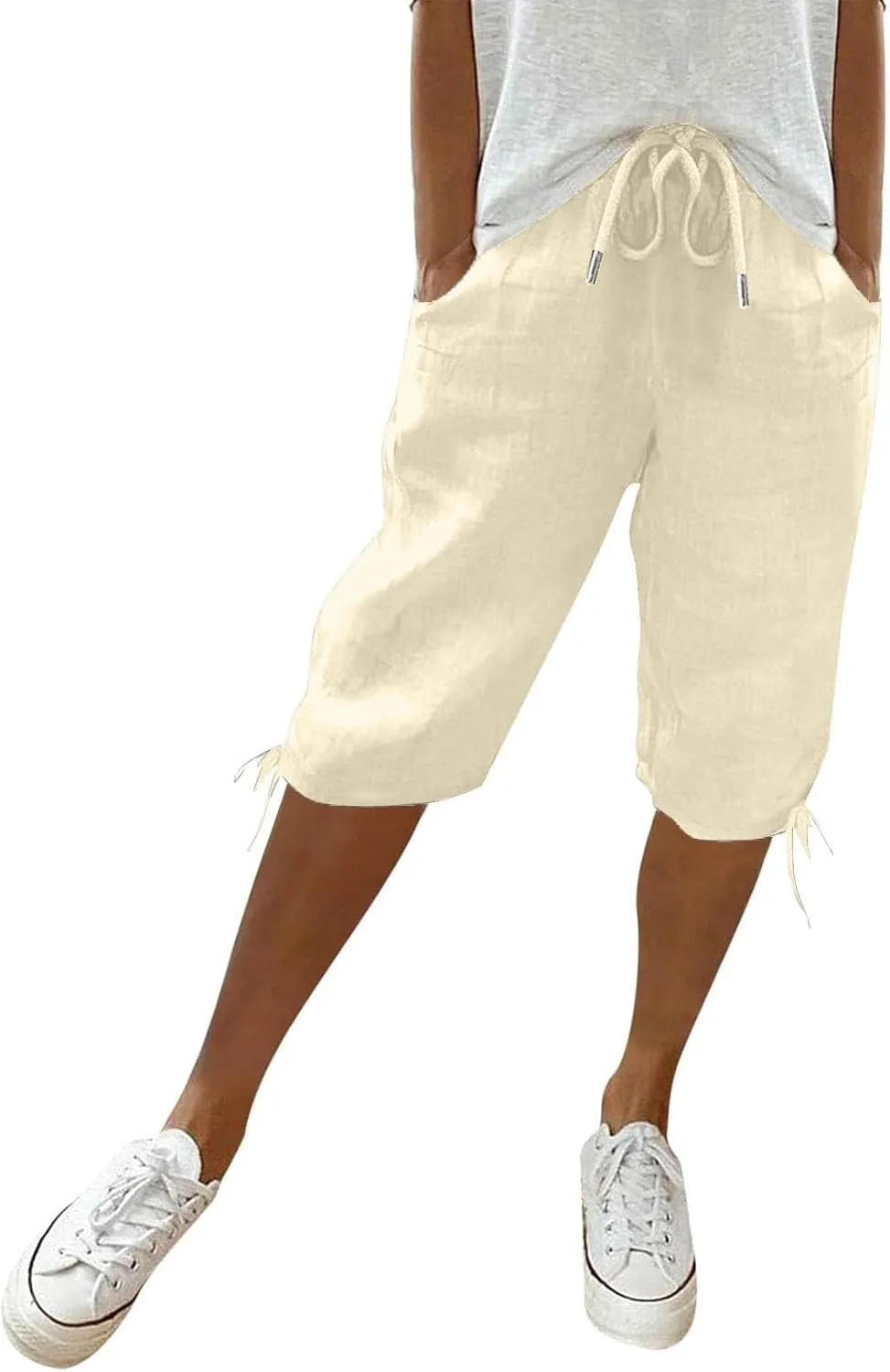 Linen Shorts for Women Elastic Waist Shorts Women Drawstring Casual Summer Knee Length Pants with Pockets
