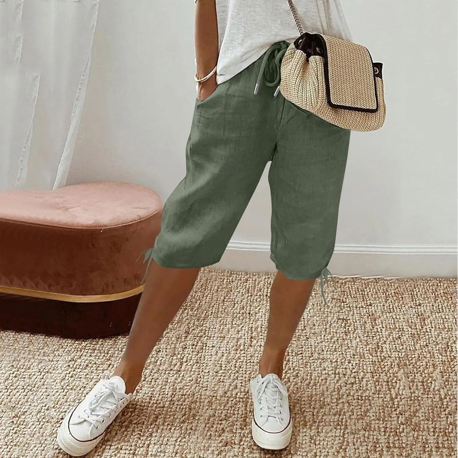 Linen Shorts for Women Elastic Waist Shorts Women Drawstring Casual Summer Knee Length Pants with Pockets