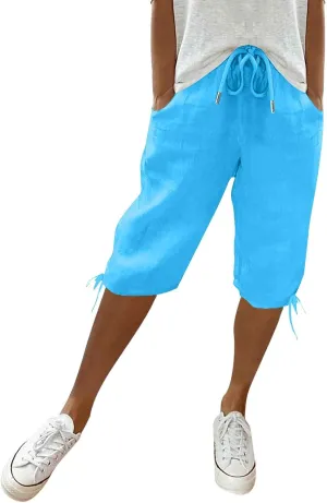 Linen Shorts for Women Elastic Waist Shorts Women Drawstring Casual Summer Knee Length Pants with Pockets