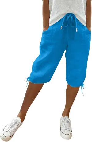 Linen Shorts for Women Elastic Waist Shorts Women Drawstring Casual Summer Knee Length Pants with Pockets