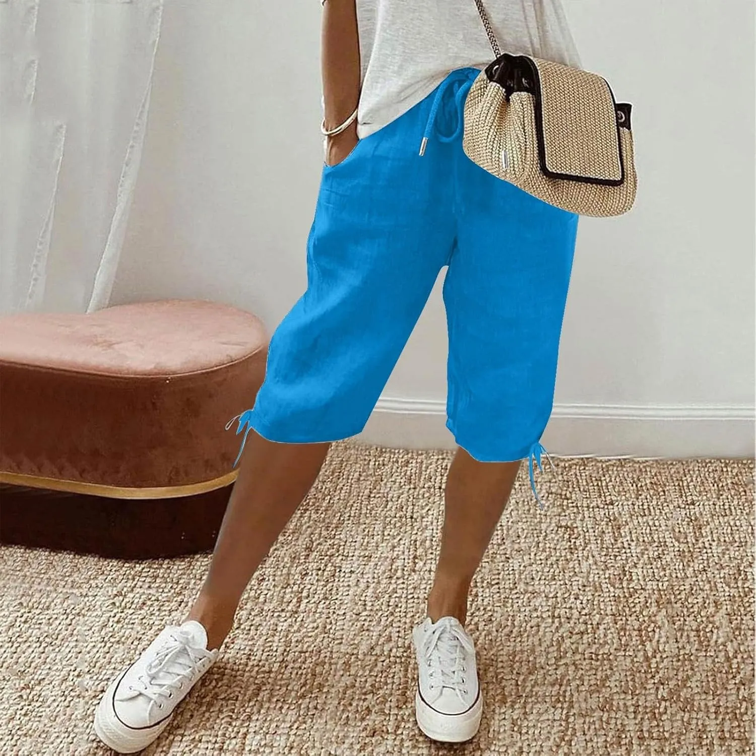 Linen Shorts for Women Elastic Waist Shorts Women Drawstring Casual Summer Knee Length Pants with Pockets