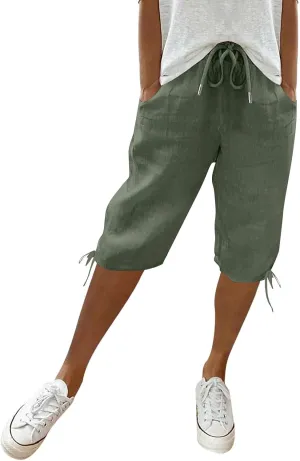 Linen Shorts for Women Elastic Waist Shorts Women Drawstring Casual Summer Knee Length Pants with Pockets