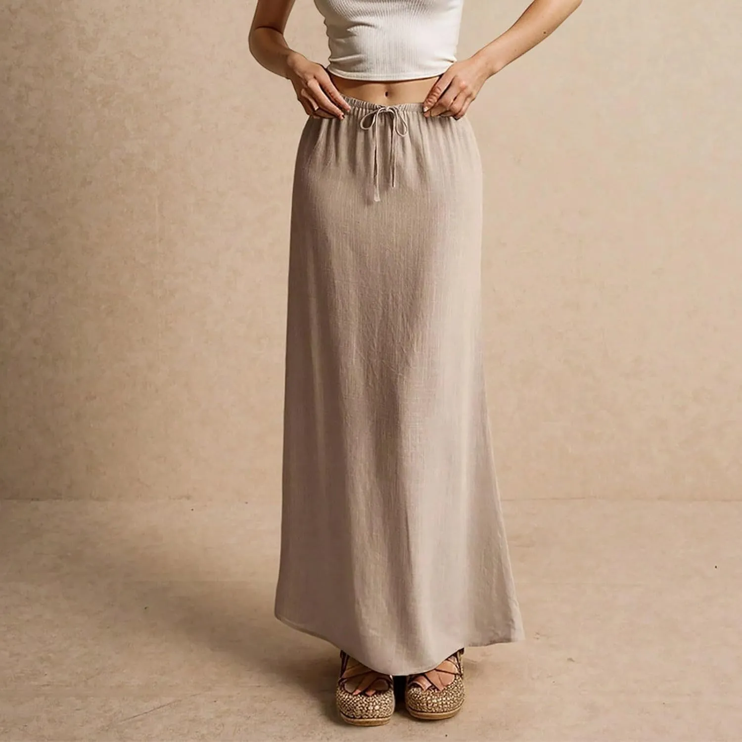 Linen Skirts for Women Trendy Summer Boho Flowy Low Waisted Drawstring Maxi Skirt Cute Casual A Line Skirts