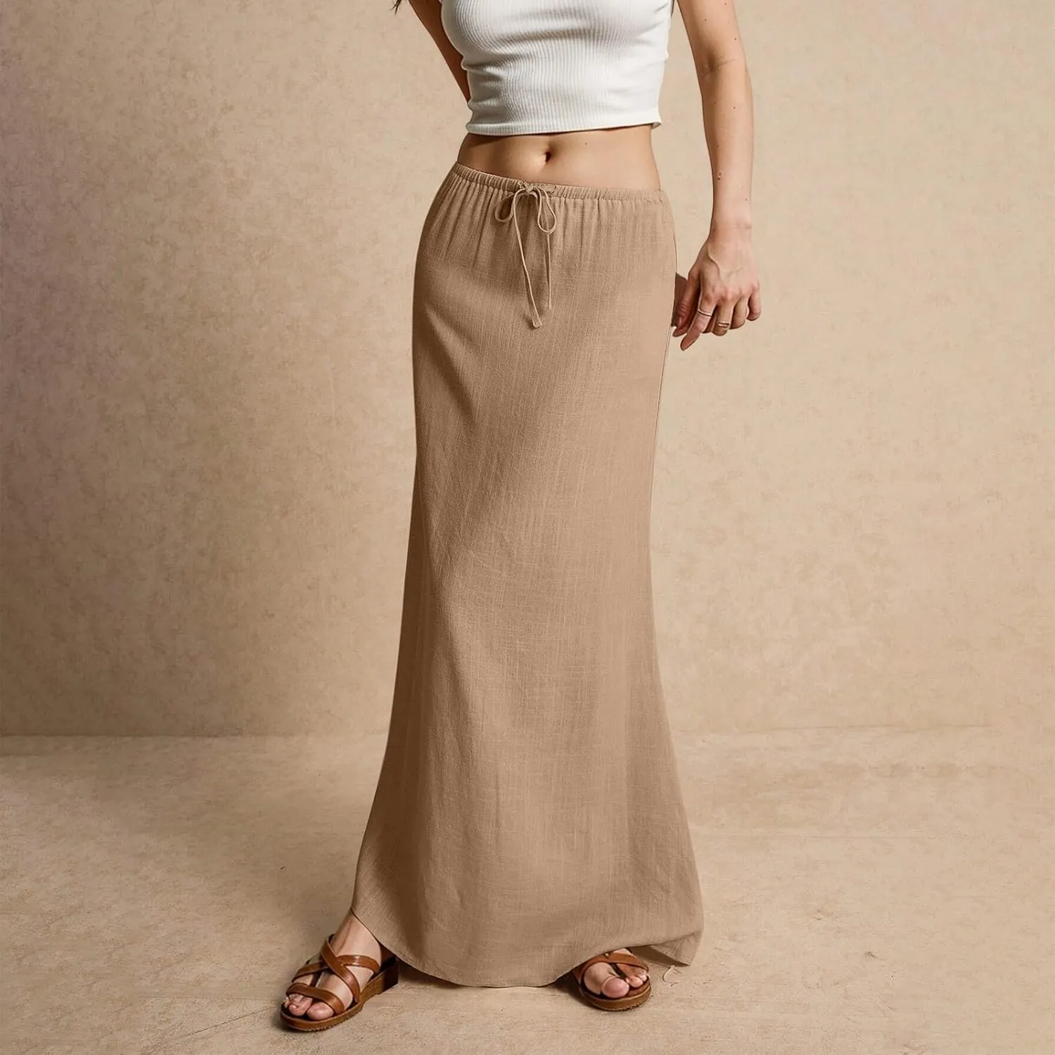 Linen Skirts for Women Trendy Summer Boho Flowy Low Waisted Drawstring Maxi Skirt Cute Casual A Line Skirts