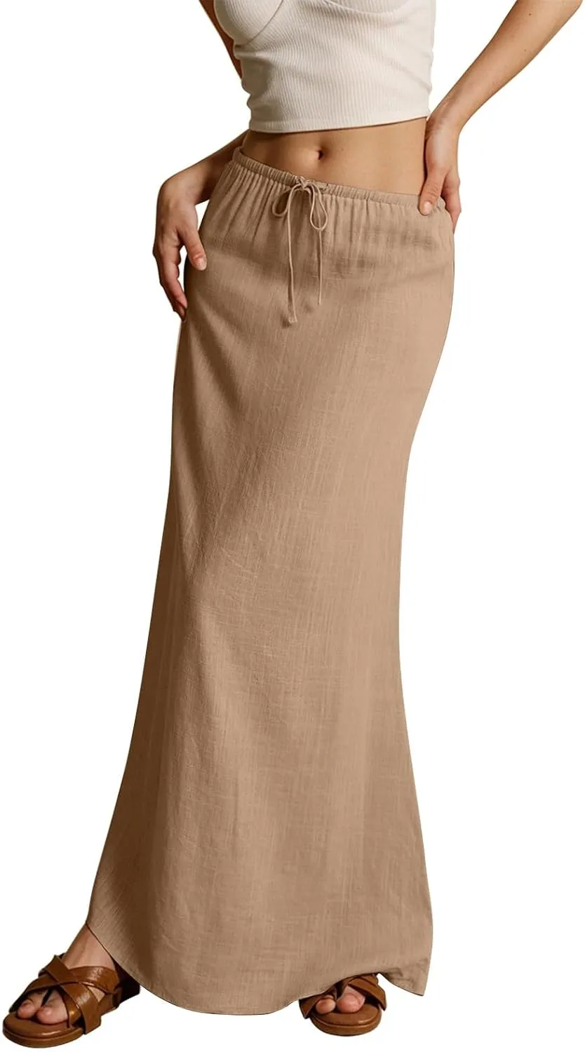 Linen Skirts for Women Trendy Summer Boho Flowy Low Waisted Drawstring Maxi Skirt Cute Casual A Line Skirts
