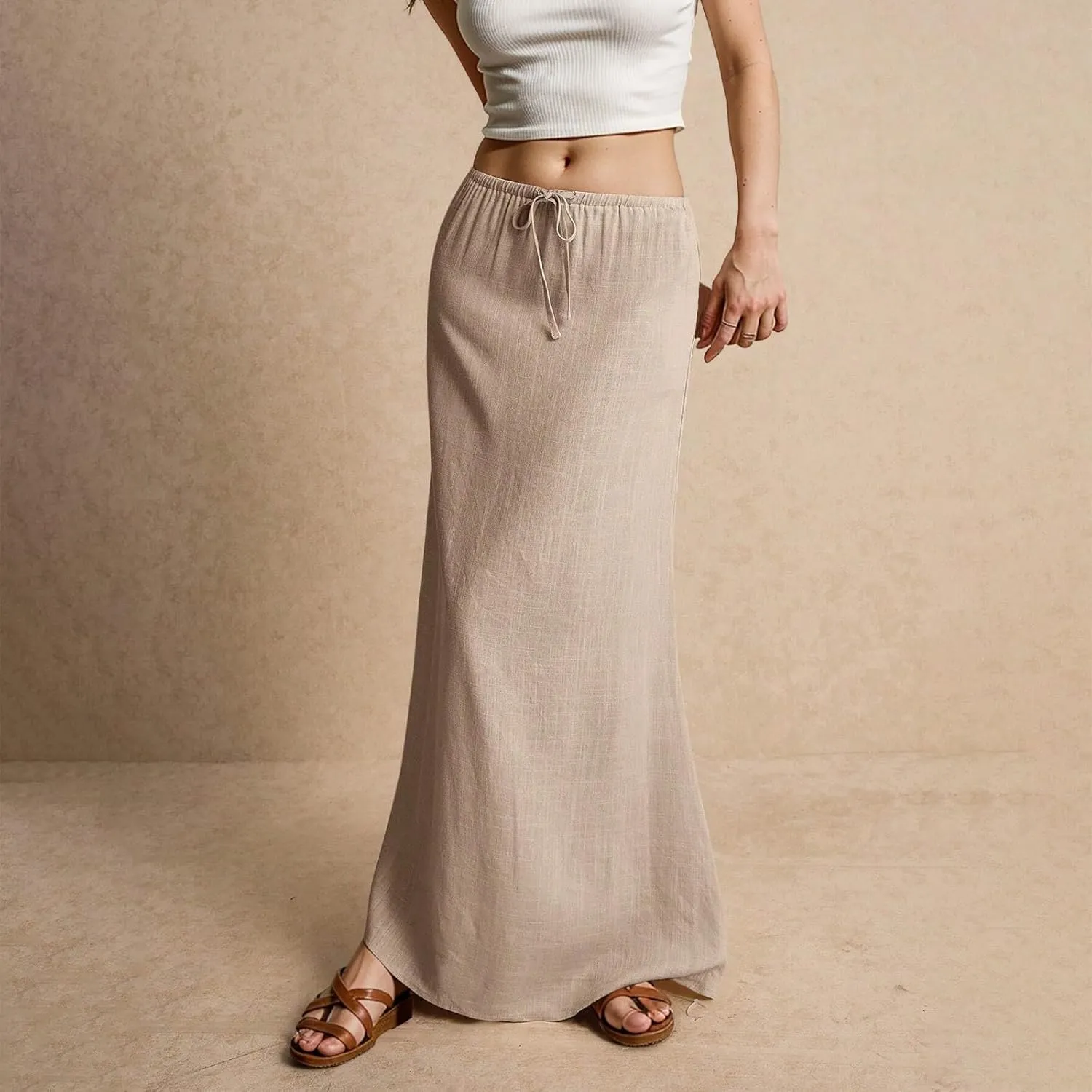 Linen Skirts for Women Trendy Summer Boho Flowy Low Waisted Drawstring Maxi Skirt Cute Casual A Line Skirts