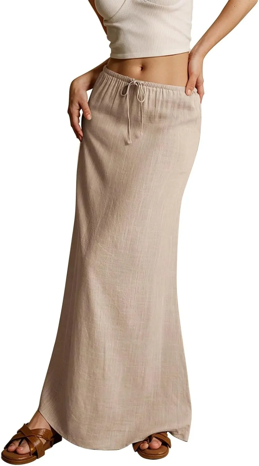 Linen Skirts for Women Trendy Summer Boho Flowy Low Waisted Drawstring Maxi Skirt Cute Casual A Line Skirts