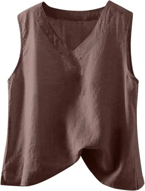 Linen Tank Women Loose Sleeveless V Neck Vacation Solid Color Tunic Tanks Casual Summer Cotton Side Slits Camisole