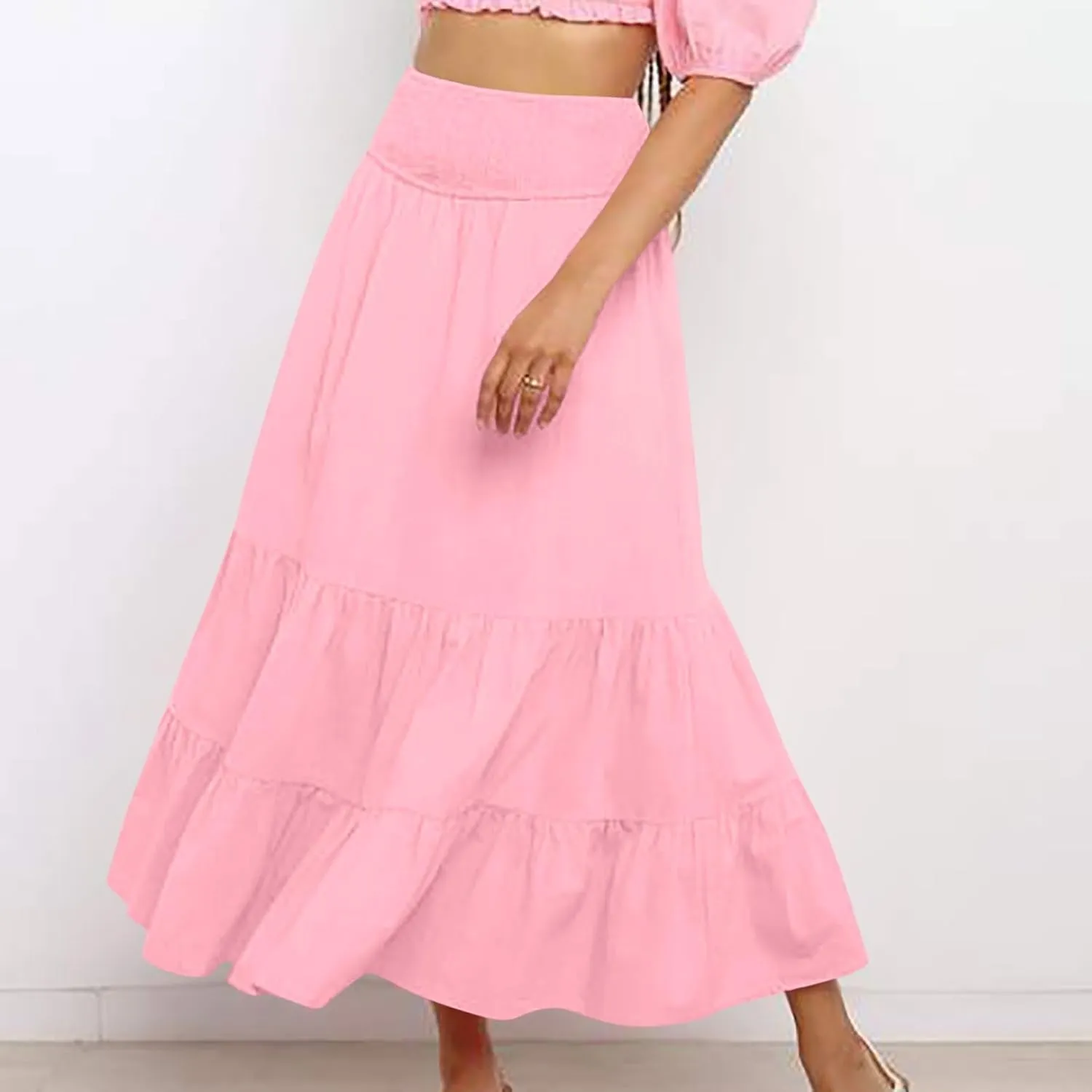 Long Flowy Skirts for Women Summer Ruffle Skirts High Waist Boho Skirts Pleated A Line Skirts Casual Vacation Skirts