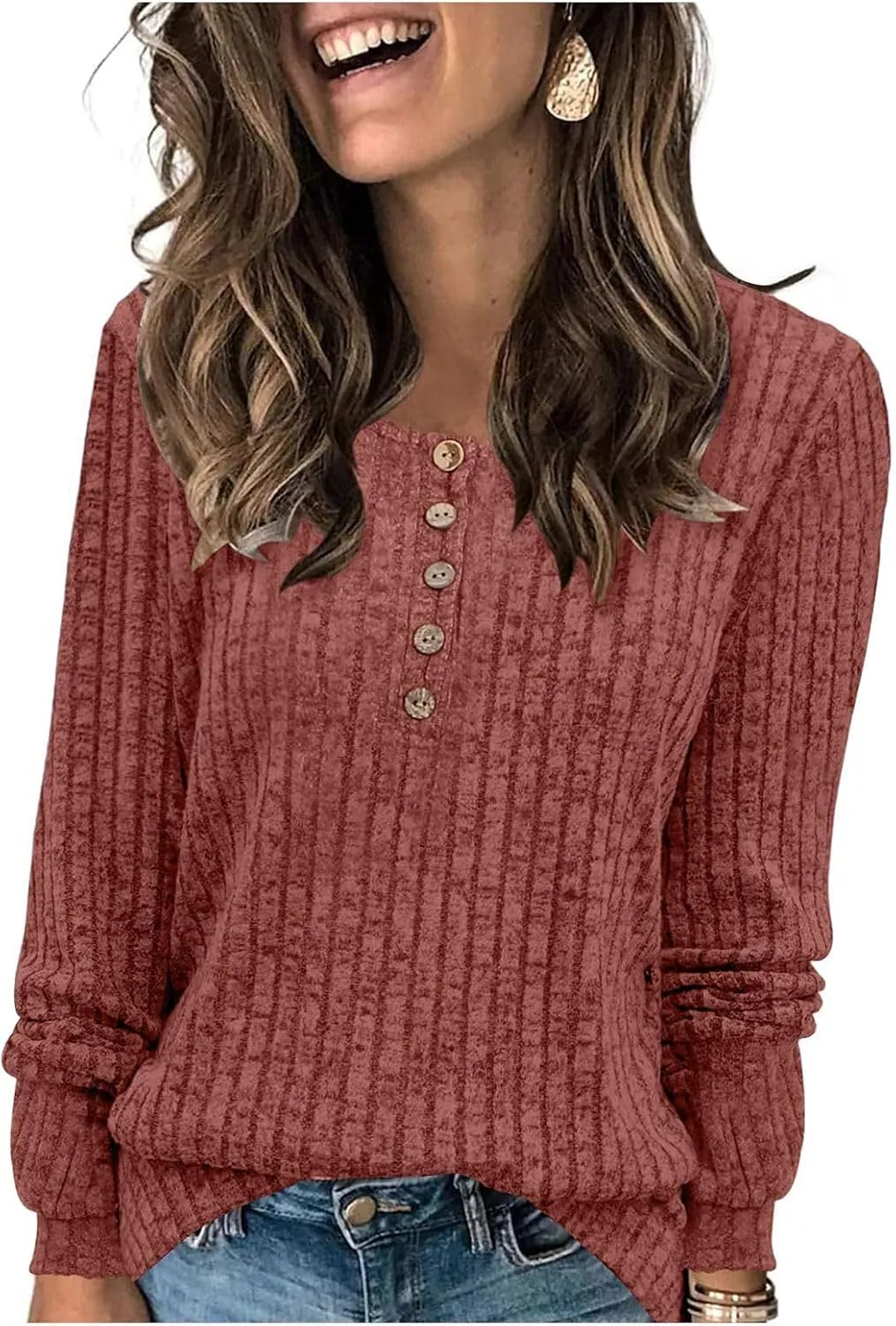 Long Sleeve Henley Knitted Tops for Women 2023 Fall Trendy Sweaters Casual Lightweight Solid Crewneck Tunic Jumpers