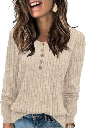 Long Sleeve Henley Knitted Tops for Women 2023 Fall Trendy Sweaters Casual Lightweight Solid Crewneck Tunic Jumpers