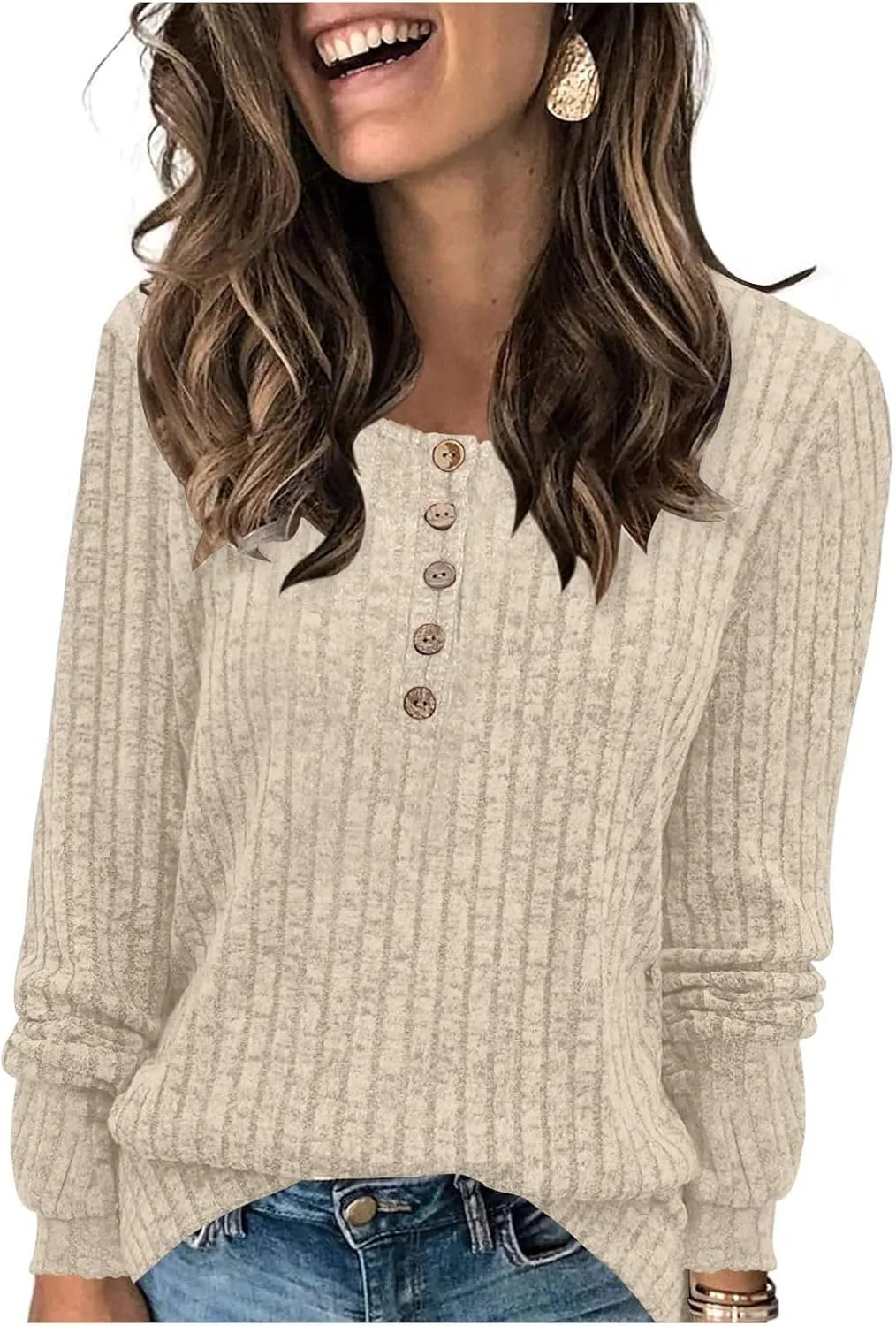 Long Sleeve Henley Knitted Tops for Women 2023 Fall Trendy Sweaters Casual Lightweight Solid Crewneck Tunic Jumpers