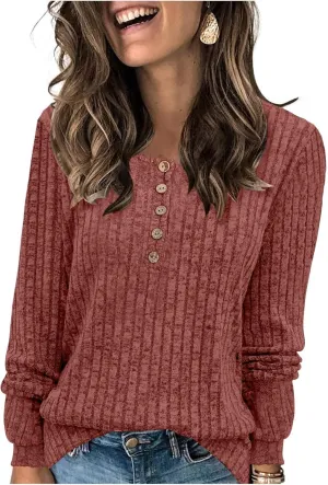 Long Sleeve Henley Knitted Tops for Women 2023 Fall Trendy Sweaters Casual Lightweight Solid Crewneck Tunic Jumpers