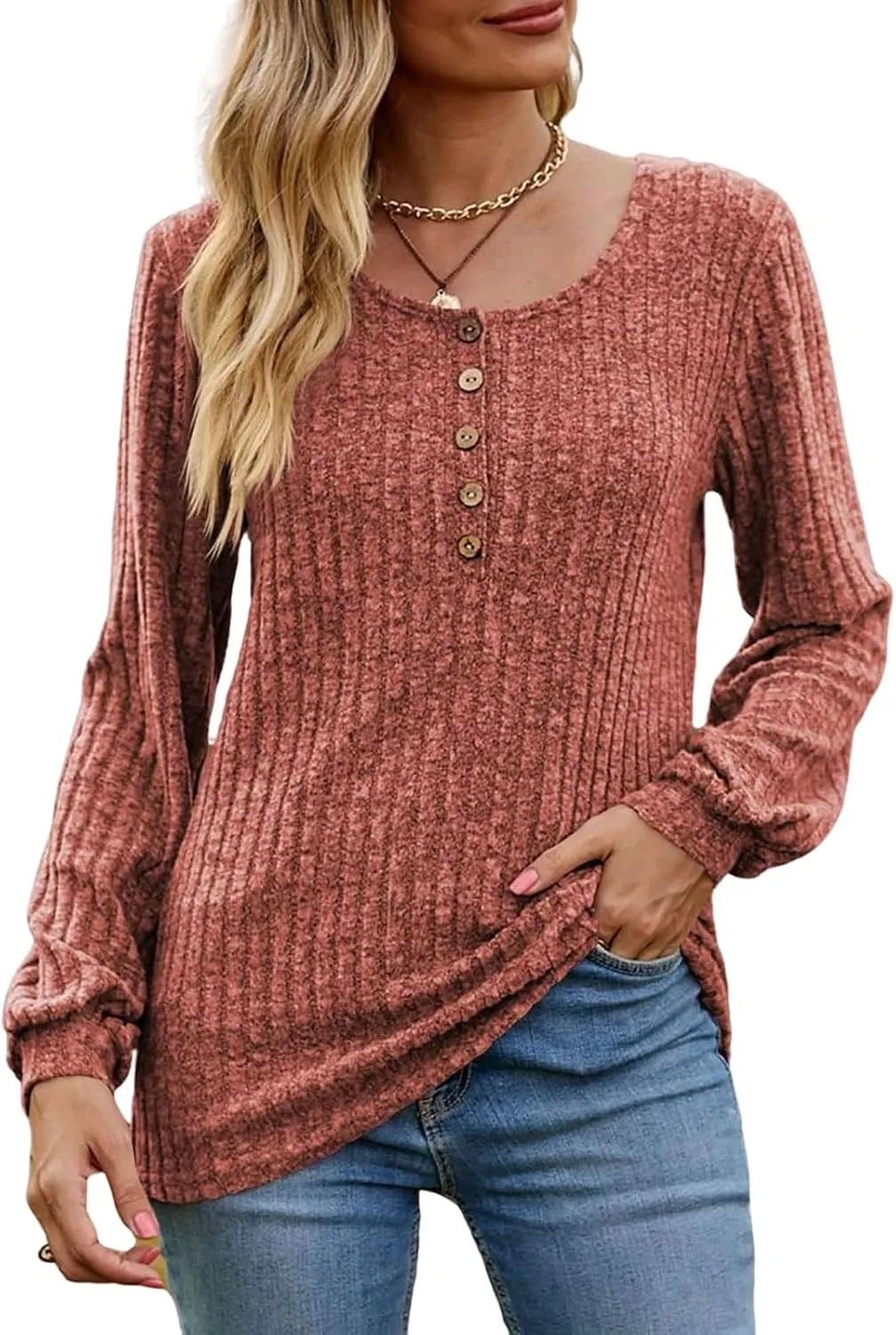 Long Sleeve Henley Knitted Tops for Women 2023 Fall Trendy Sweaters Casual Lightweight Solid Crewneck Tunic Jumpers