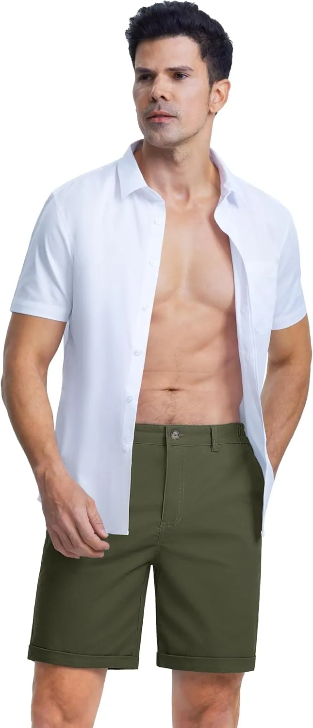 MAGCOMSEN Mens Casual Shorts 7 Inch Cotton Flat Front Shorts Lightweight Elastic Waist Summer Dress Shorts with Pockets