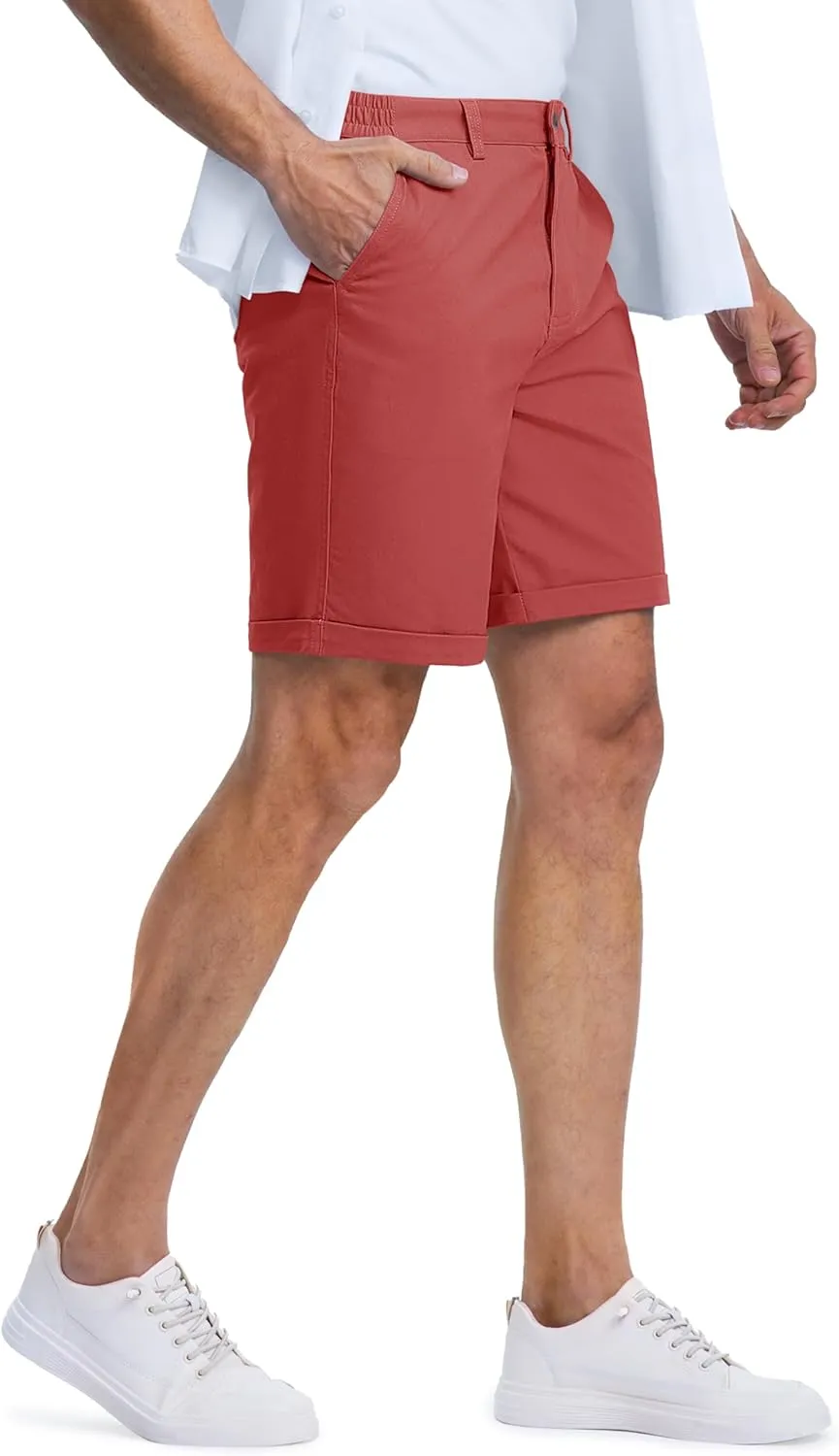 MAGCOMSEN Mens Casual Shorts 7 Inch Cotton Flat Front Shorts Lightweight Elastic Waist Summer Dress Shorts with Pockets