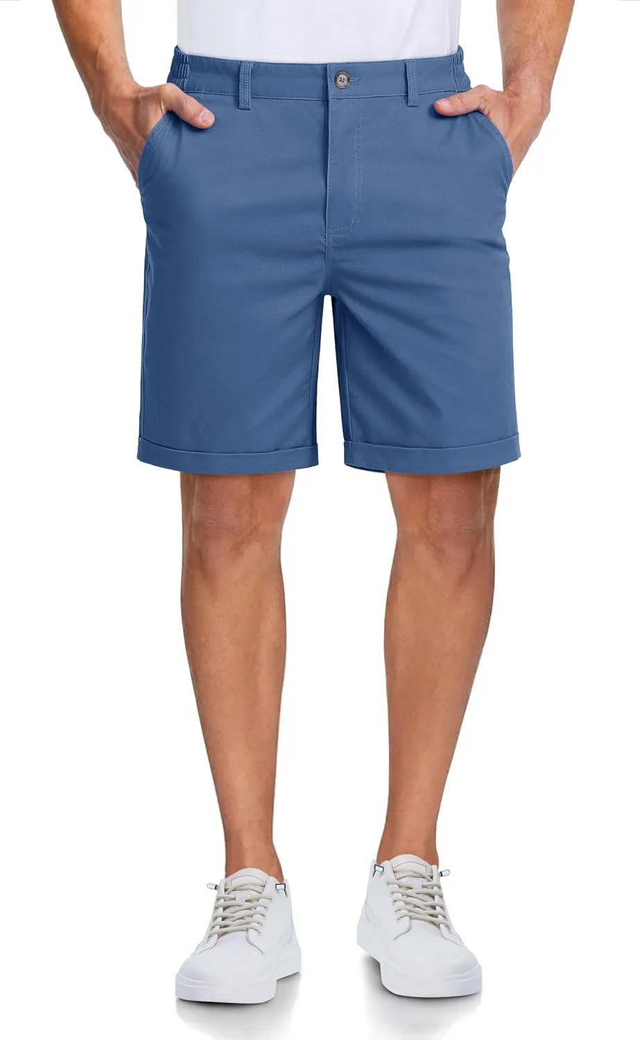 MAGCOMSEN Mens Casual Shorts 7 Inch Cotton Flat Front Shorts Lightweight Elastic Waist Summer Dress Shorts with Pockets