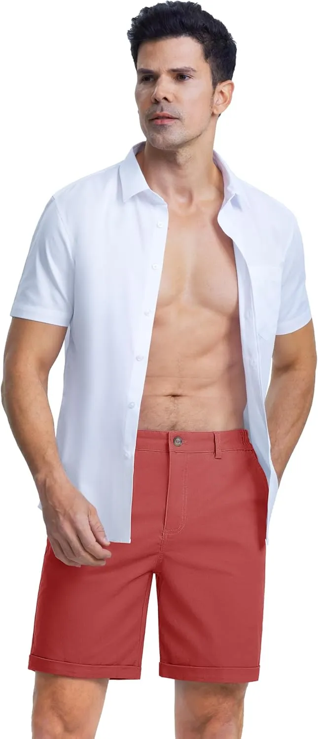 MAGCOMSEN Mens Casual Shorts 7 Inch Cotton Flat Front Shorts Lightweight Elastic Waist Summer Dress Shorts with Pockets