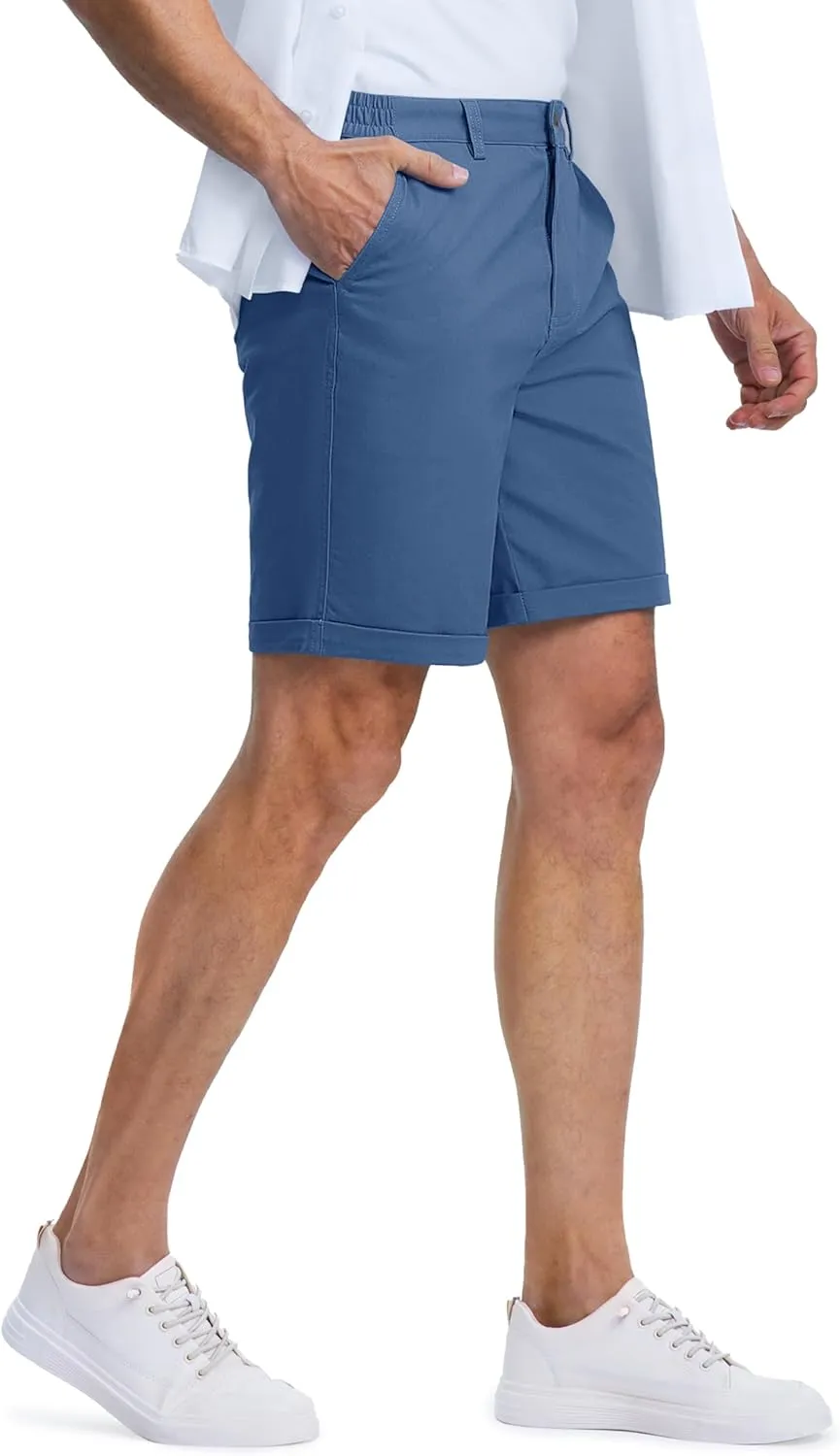 MAGCOMSEN Mens Casual Shorts 7 Inch Cotton Flat Front Shorts Lightweight Elastic Waist Summer Dress Shorts with Pockets