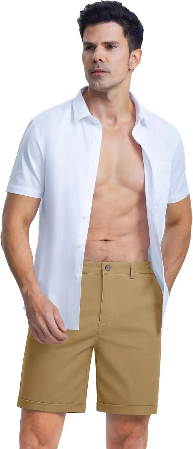 MAGCOMSEN Mens Casual Shorts 7 Inch Cotton Flat Front Shorts Lightweight Elastic Waist Summer Dress Shorts with Pockets