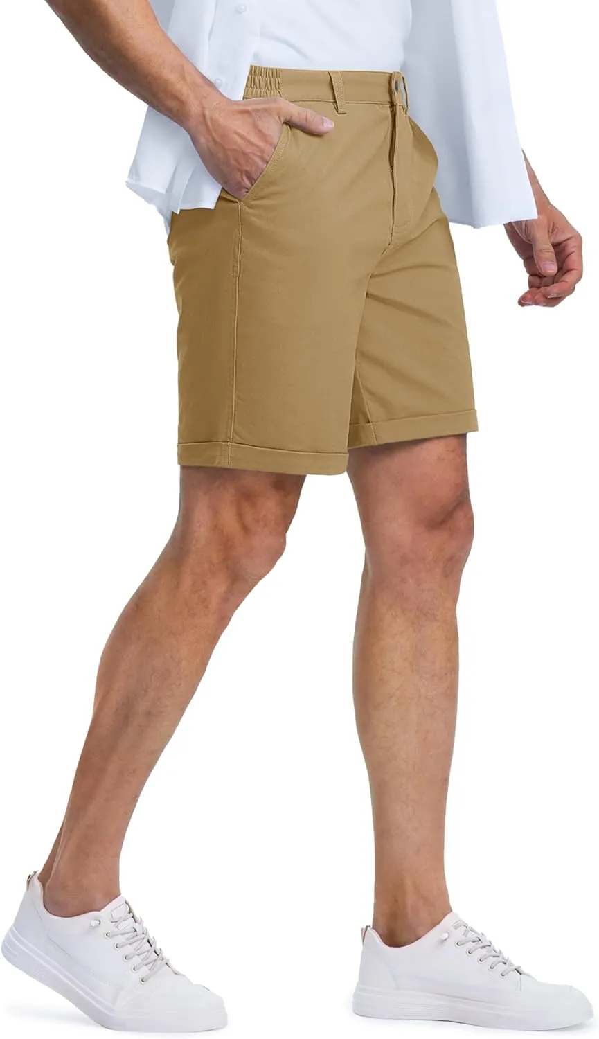 MAGCOMSEN Mens Casual Shorts 7 Inch Cotton Flat Front Shorts Lightweight Elastic Waist Summer Dress Shorts with Pockets