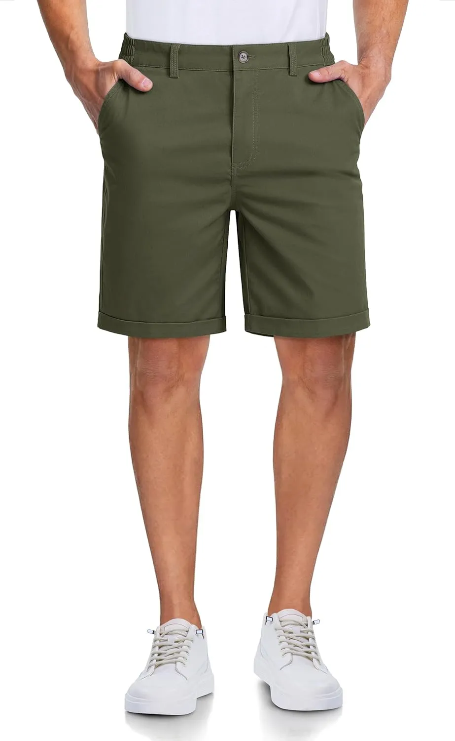 MAGCOMSEN Mens Casual Shorts 7 Inch Cotton Flat Front Shorts Lightweight Elastic Waist Summer Dress Shorts with Pockets