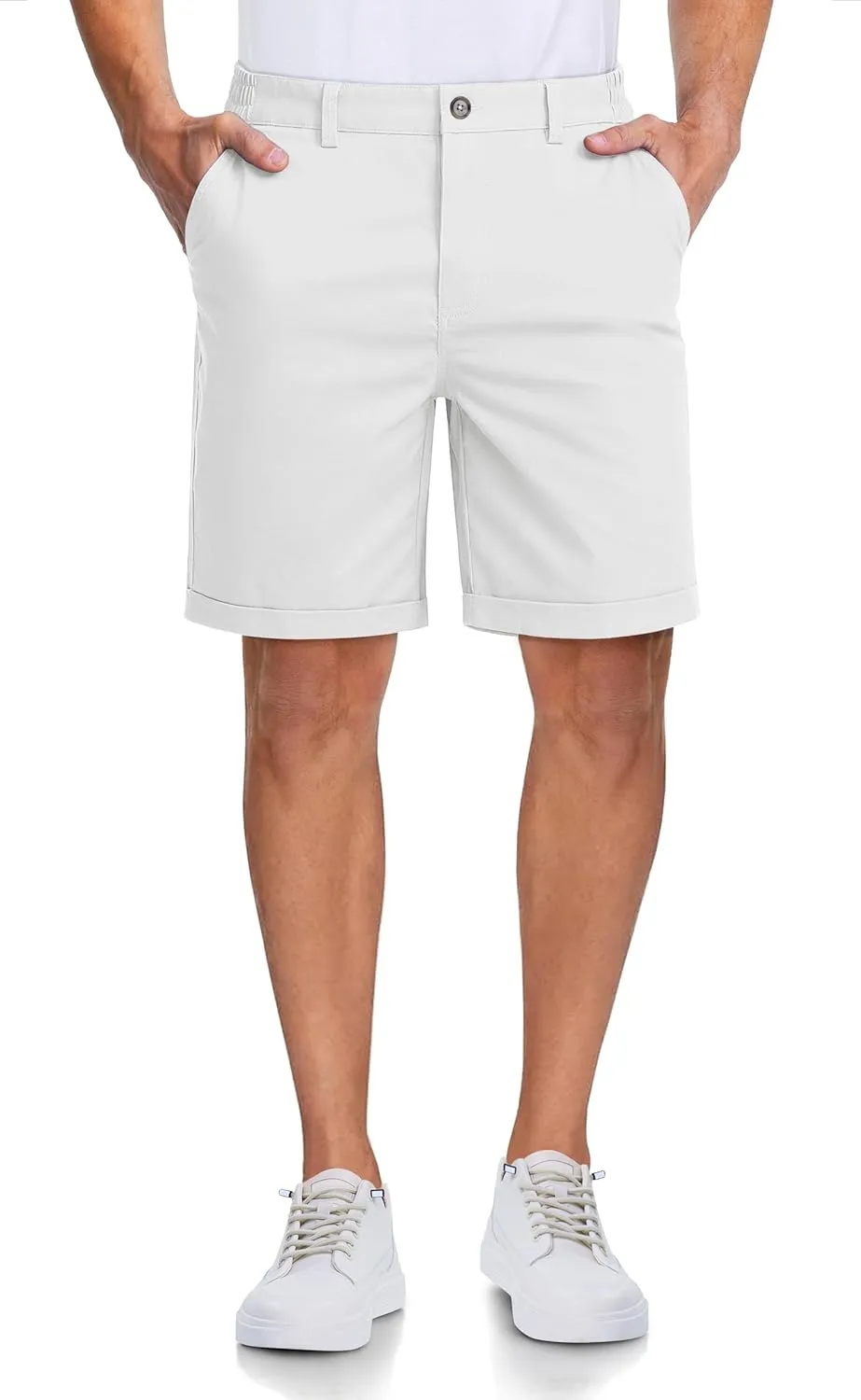 MAGCOMSEN Mens Casual Shorts 7 Inch Cotton Flat Front Shorts Lightweight Elastic Waist Summer Dress Shorts with Pockets