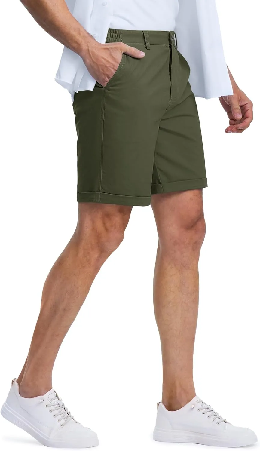 MAGCOMSEN Mens Casual Shorts 7 Inch Cotton Flat Front Shorts Lightweight Elastic Waist Summer Dress Shorts with Pockets