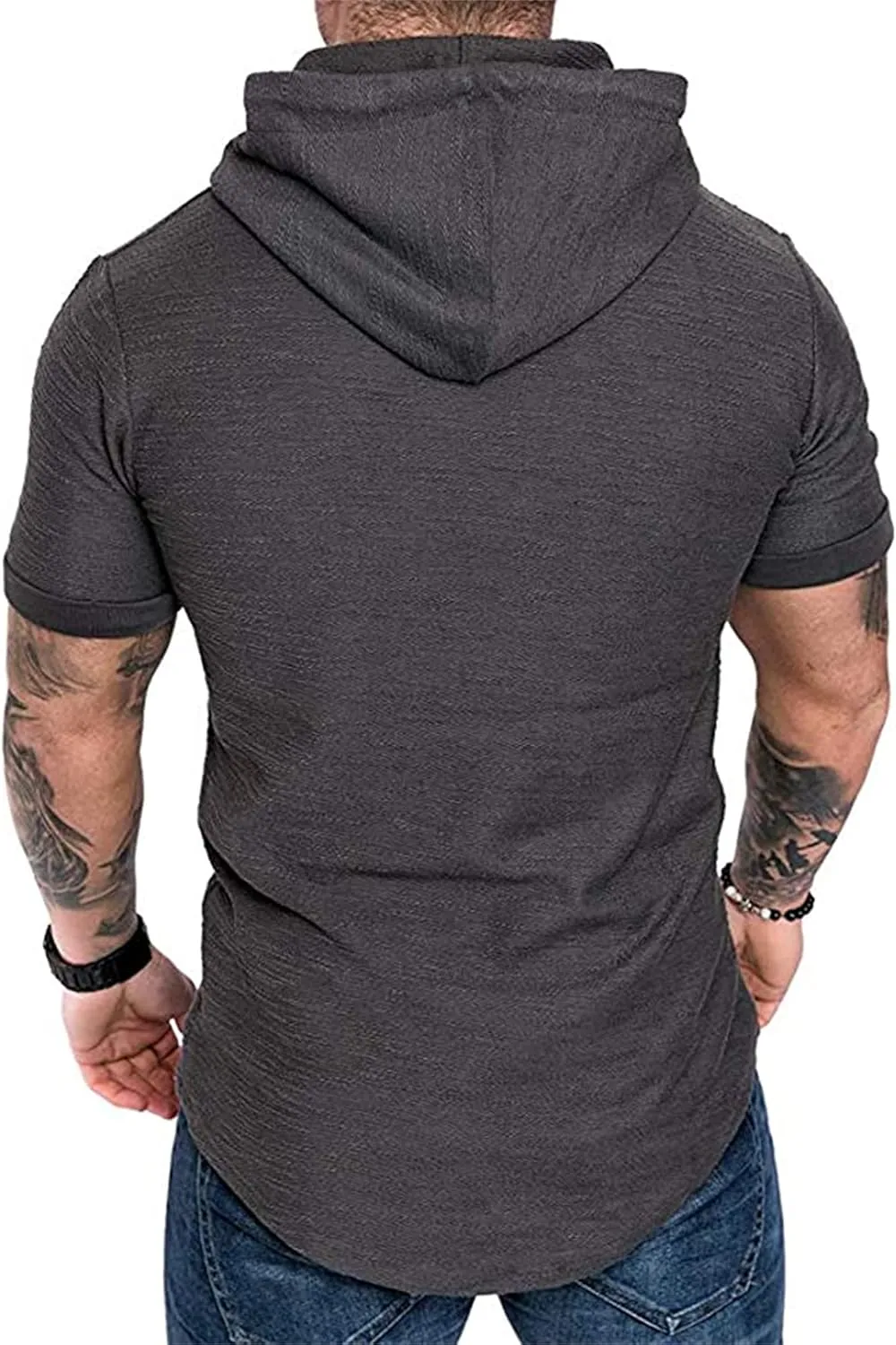 Maiyifu-GJ Men's Short Sleeve Athletic Hoodie Lightweight Workout Hooded T-Shirts Solid Color Slim Fit Pullover Sweatshirt