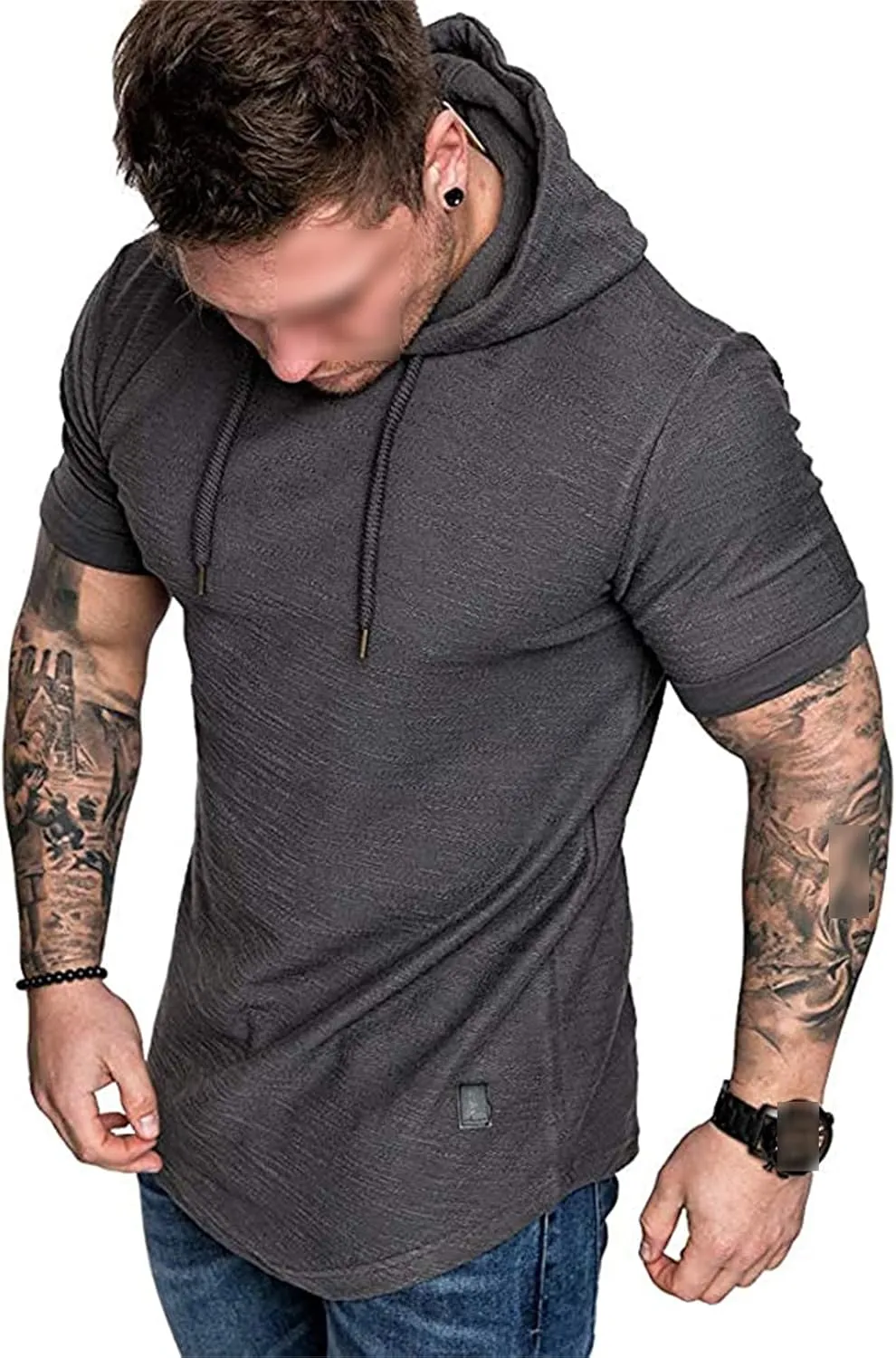 Maiyifu-GJ Men's Short Sleeve Athletic Hoodie Lightweight Workout Hooded T-Shirts Solid Color Slim Fit Pullover Sweatshirt