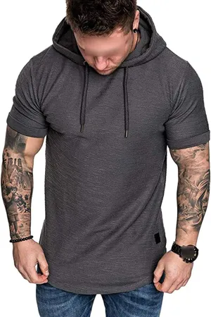 Maiyifu-GJ Men's Short Sleeve Athletic Hoodie Lightweight Workout Hooded T-Shirts Solid Color Slim Fit Pullover Sweatshirt