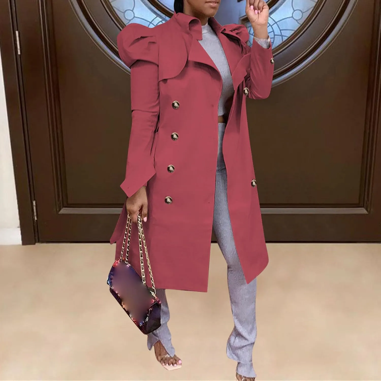 Maiyifu-GJ Womens Mid Length Overcoats Notched Lapel Double Breasted Coat Spring Fall Trench Coat Windbreaker Outerwear
