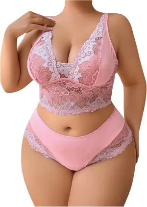 MakeMeChic Women's Plus Size Lingerie Sets Floral Lace Hollow Out Sheer Bra and Panty Set