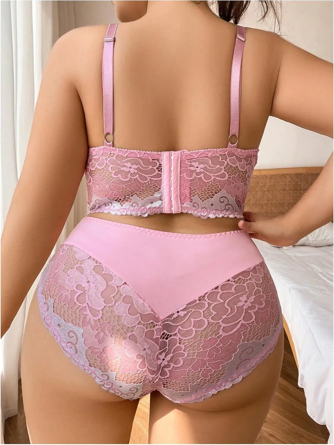MakeMeChic Women's Plus Size Lingerie Sets Floral Lace Hollow Out Sheer Bra and Panty Set