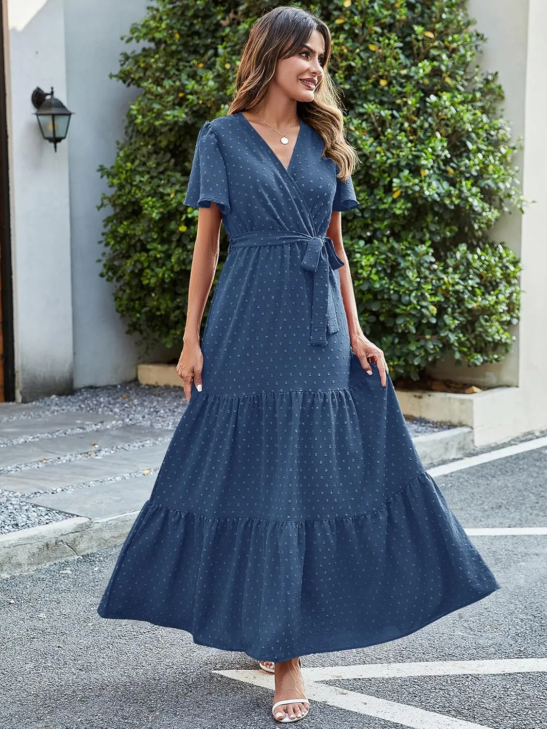 MASCOMODA Womens Boho Swiss Dot Maxi Dresses Wrap V Neck Flutter Short Sleeve Solid Tie Belt A Line Tiered Flowy Long Dress