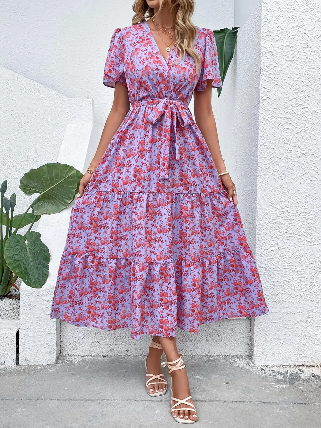 MASCOMODA Womens Boho Swiss Dot Maxi Dresses Wrap V Neck Flutter Short Sleeve Solid Tie Belt A Line Tiered Flowy Long Dress