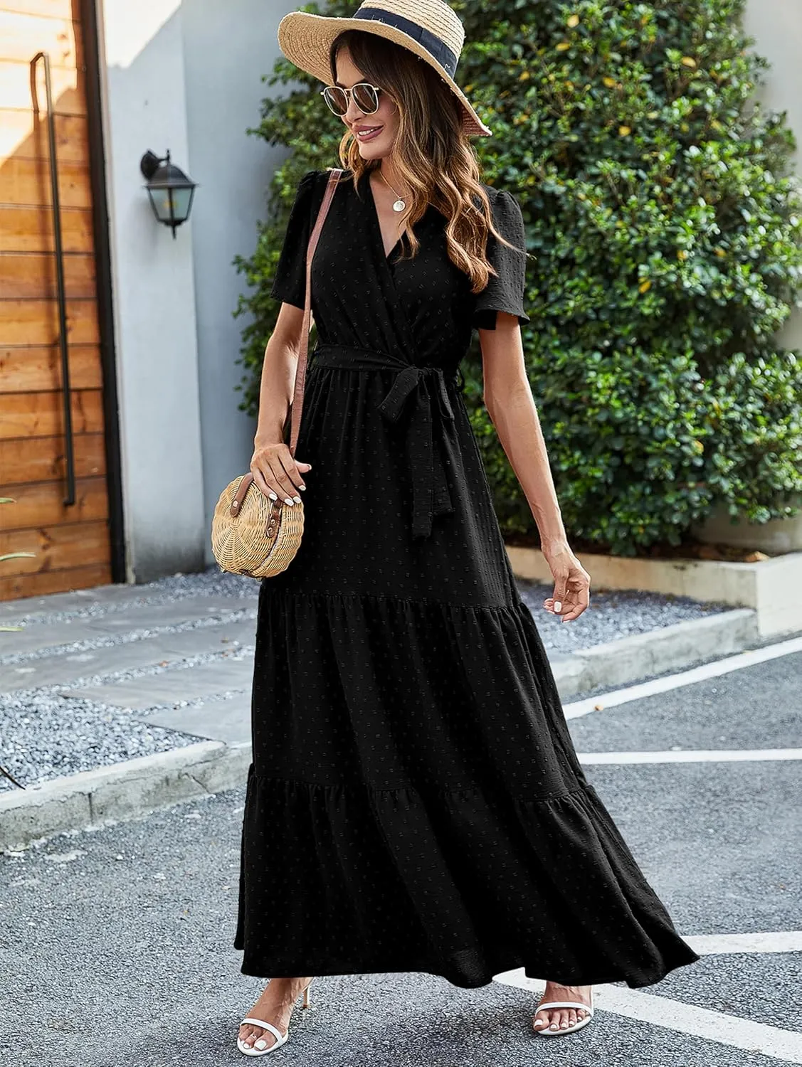 MASCOMODA Womens Boho Swiss Dot Maxi Dresses Wrap V Neck Flutter Short Sleeve Solid Tie Belt A Line Tiered Flowy Long Dress