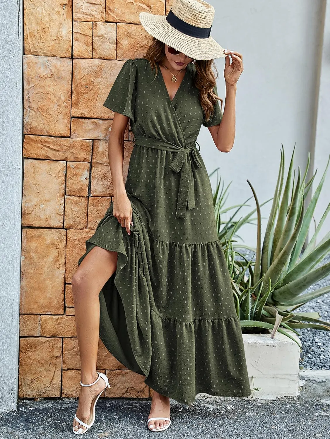 MASCOMODA Womens Boho Swiss Dot Maxi Dresses Wrap V Neck Flutter Short Sleeve Solid Tie Belt A Line Tiered Flowy Long Dress