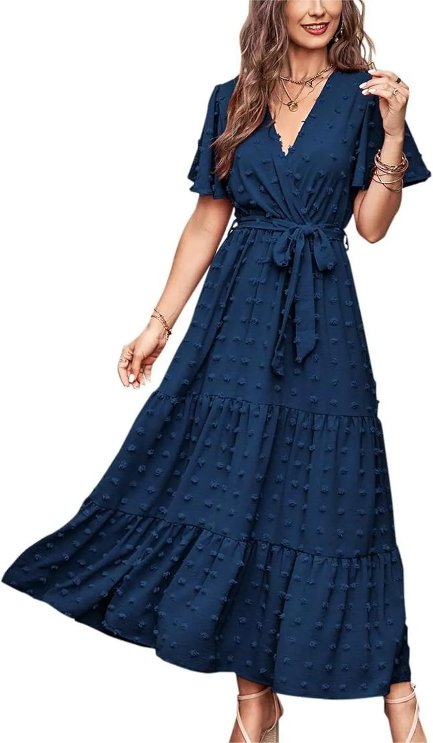 MASCOMODA Womens Boho Swiss Dot Maxi Dresses Wrap V Neck Flutter Short Sleeve Solid Tie Belt A Line Tiered Flowy Long Dress
