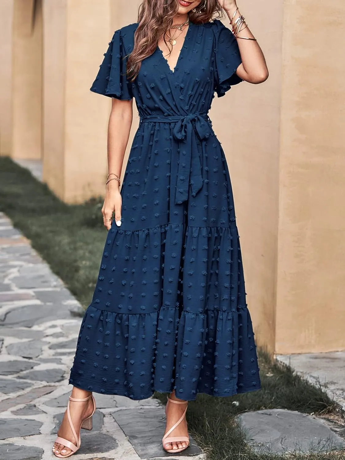MASCOMODA Womens Boho Swiss Dot Maxi Dresses Wrap V Neck Flutter Short Sleeve Solid Tie Belt A Line Tiered Flowy Long Dress