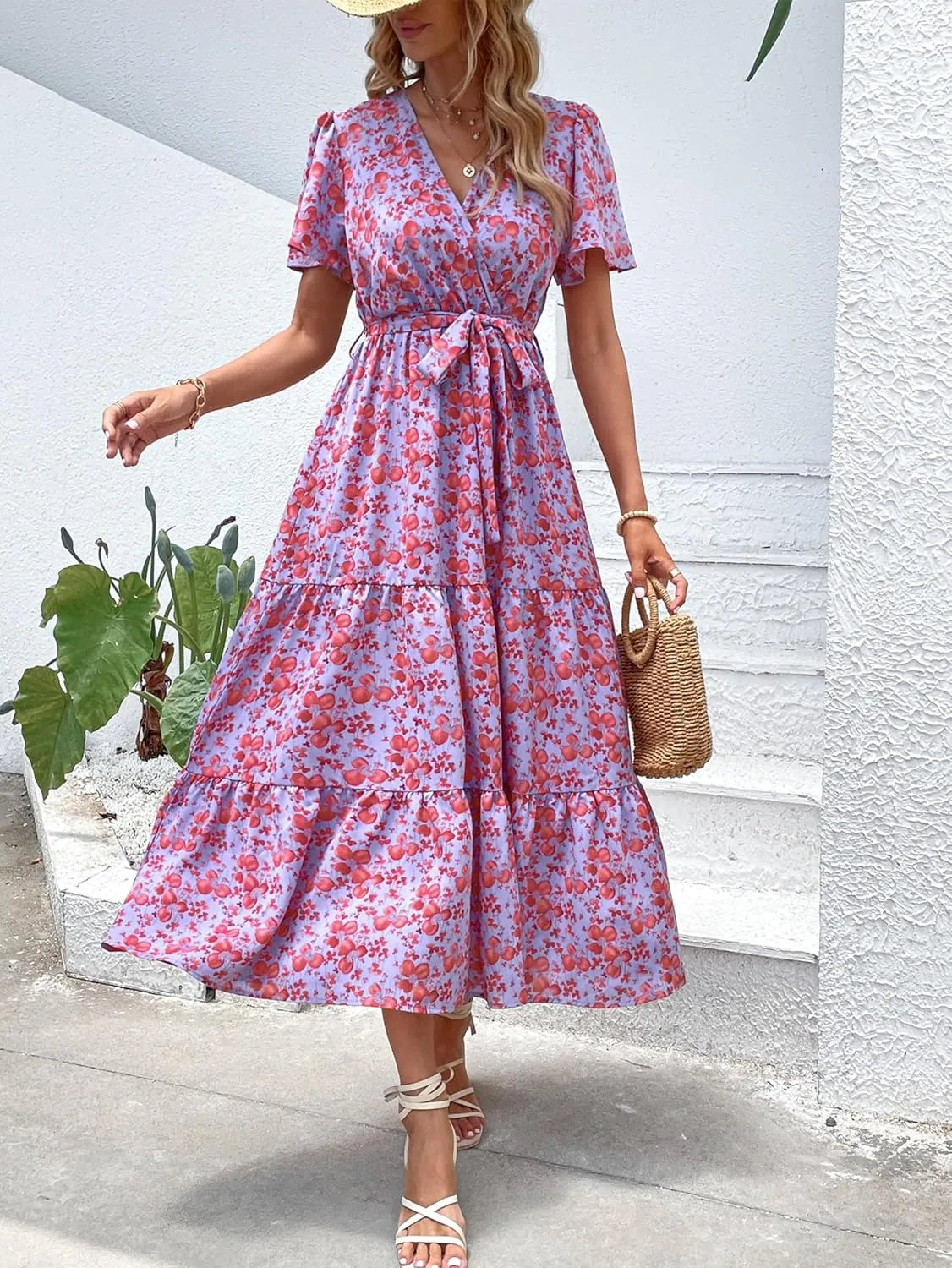 MASCOMODA Womens Boho Swiss Dot Maxi Dresses Wrap V Neck Flutter Short Sleeve Solid Tie Belt A Line Tiered Flowy Long Dress